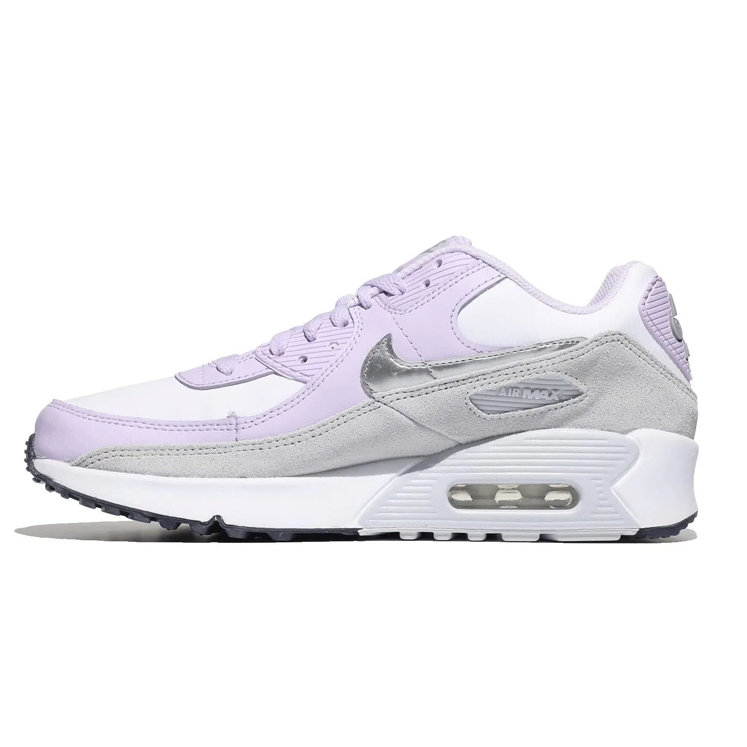 Детские кроссовки для девочек с амортизацией Air Max 90 NIKE, White Silver Metallic Purple Frost — фото 2