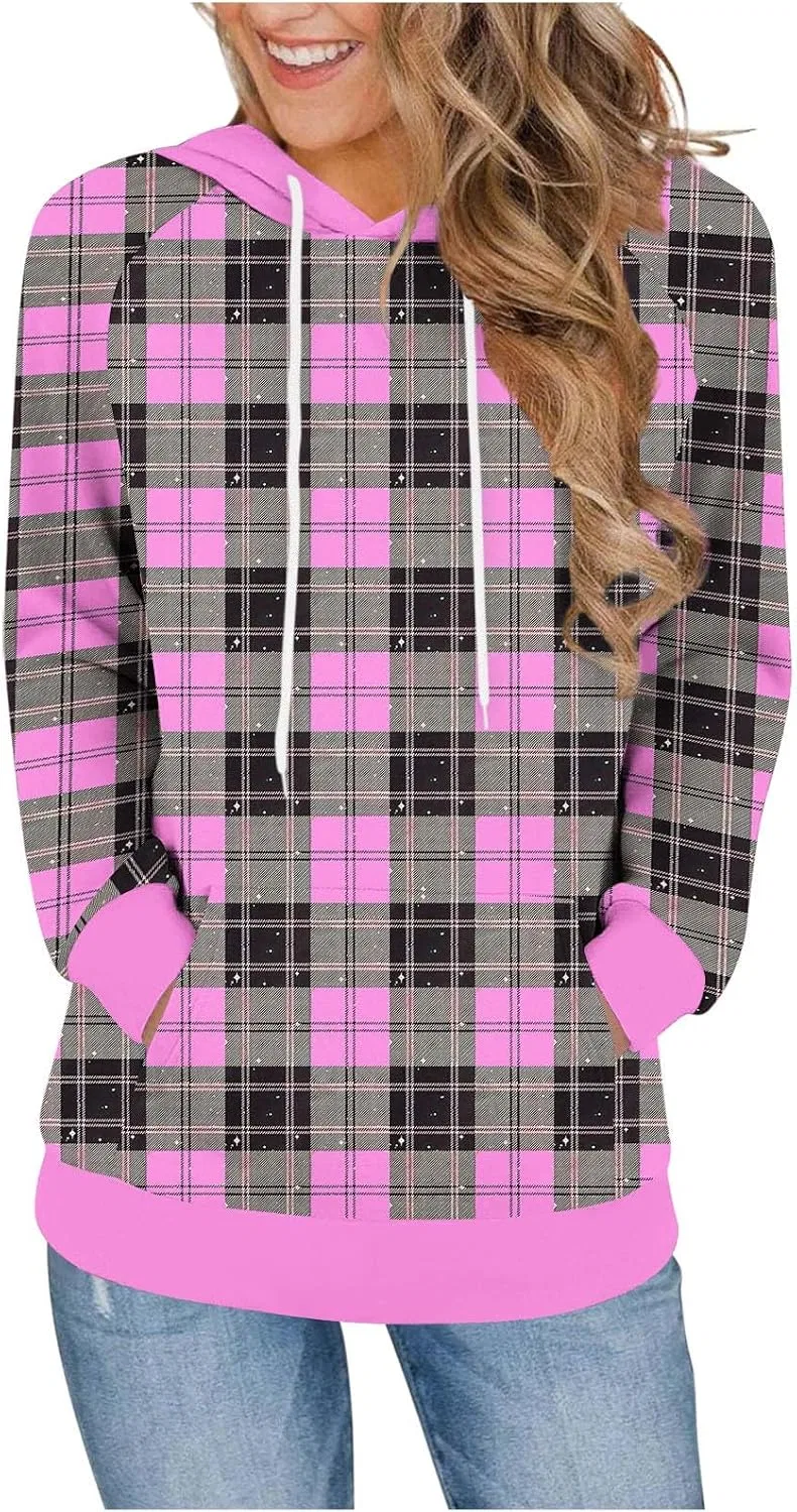 Женский свитшот-худи с принтом, модель Plaid Print, ярко-розовый