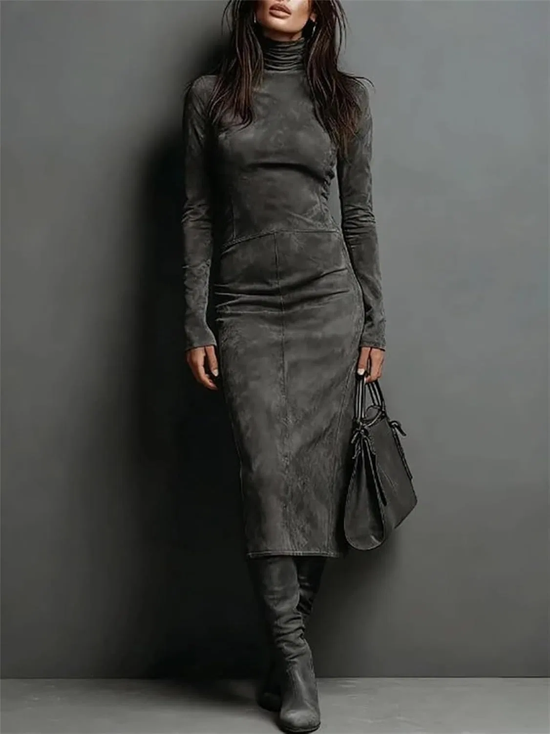 Женское облегающее платье миди с высоким воротом Faux Suede, Brown — фото 4