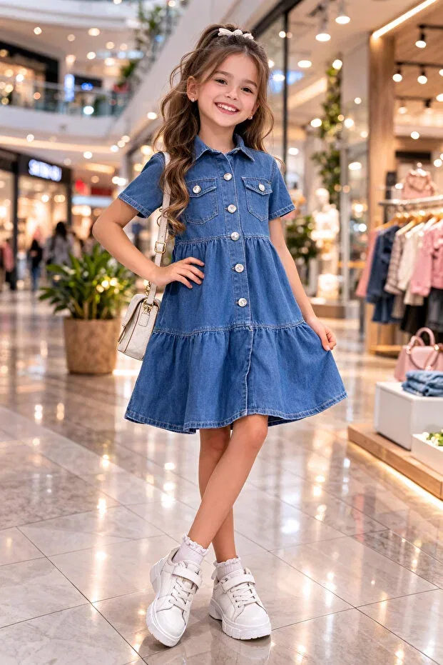 Детское джинсовое платье-трапеция для девочек Hç Hülya Çelik Kidswear 2018, Blue