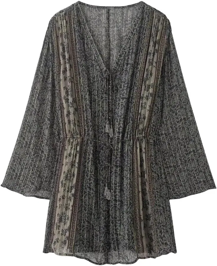 Женское мини-платье с V-образным вырезом Metallic Line Print, Black