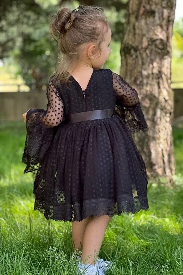 Детское кружевное платье для девочек с длинным рукавом Aby4518 Abiyekids, Black — фото 2