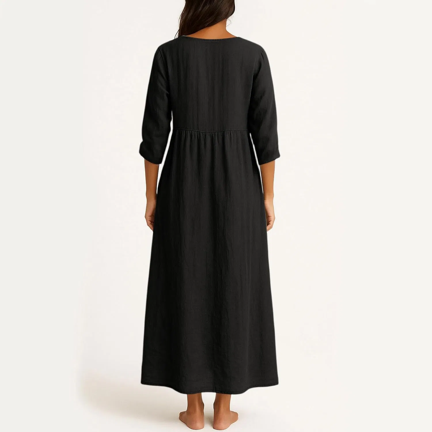 Женское летнее макси-платье с V-образным вырезом, Cotton/Linen, Black — фото 4