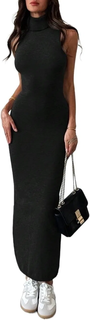 Женское платье с высоким воротом водолазка без рукавов Knitwear, Black