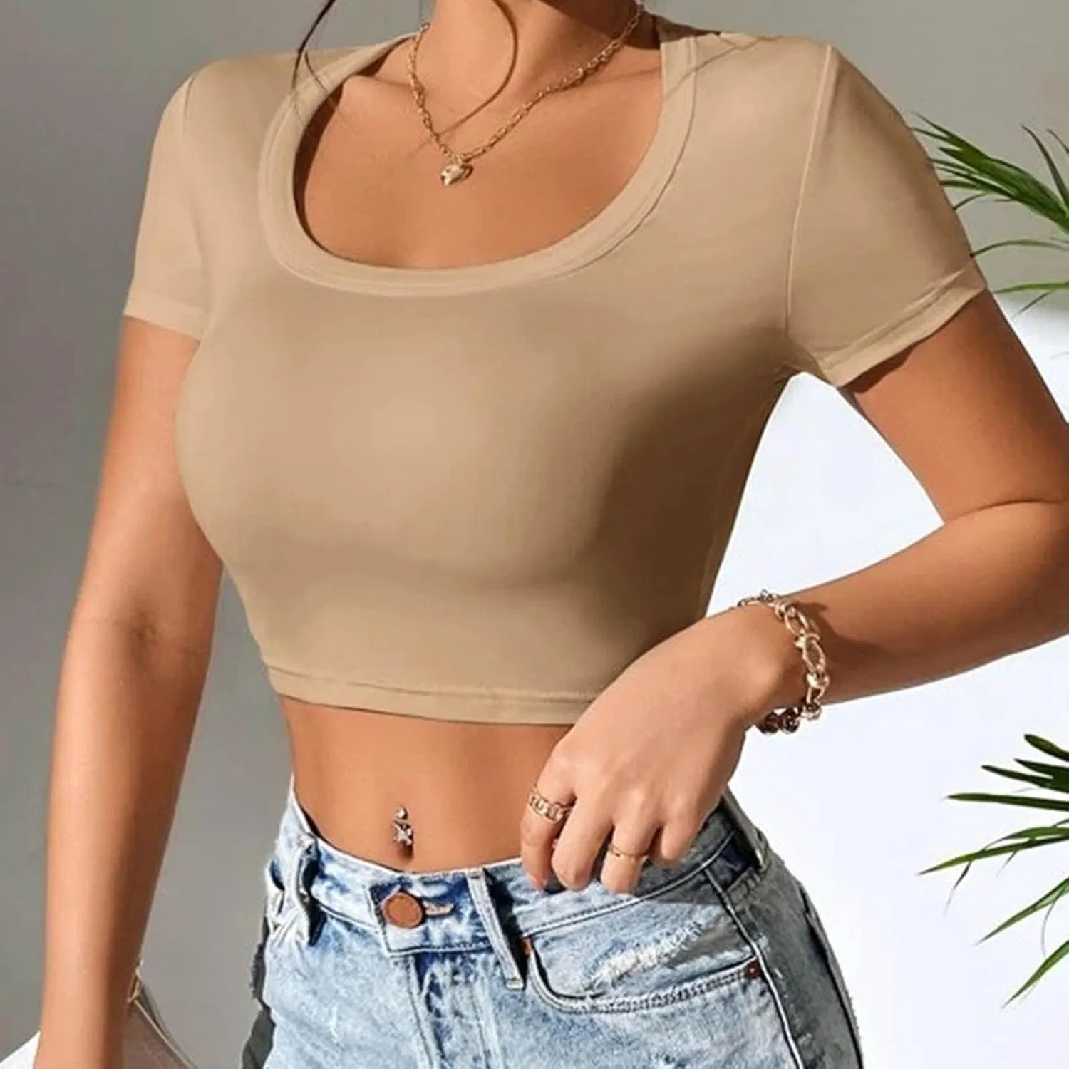 Женская облегающая футболка с круглым вырезом, Ribbed Knitted, Khaki — фото 4