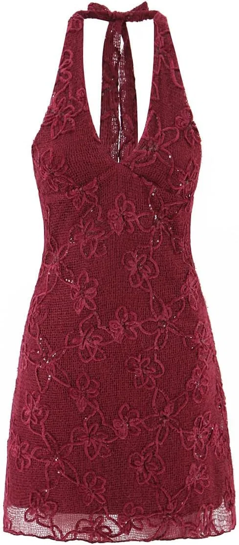 Женское мини-платье с принтом, Halter Neck Mini Dress, бордовый