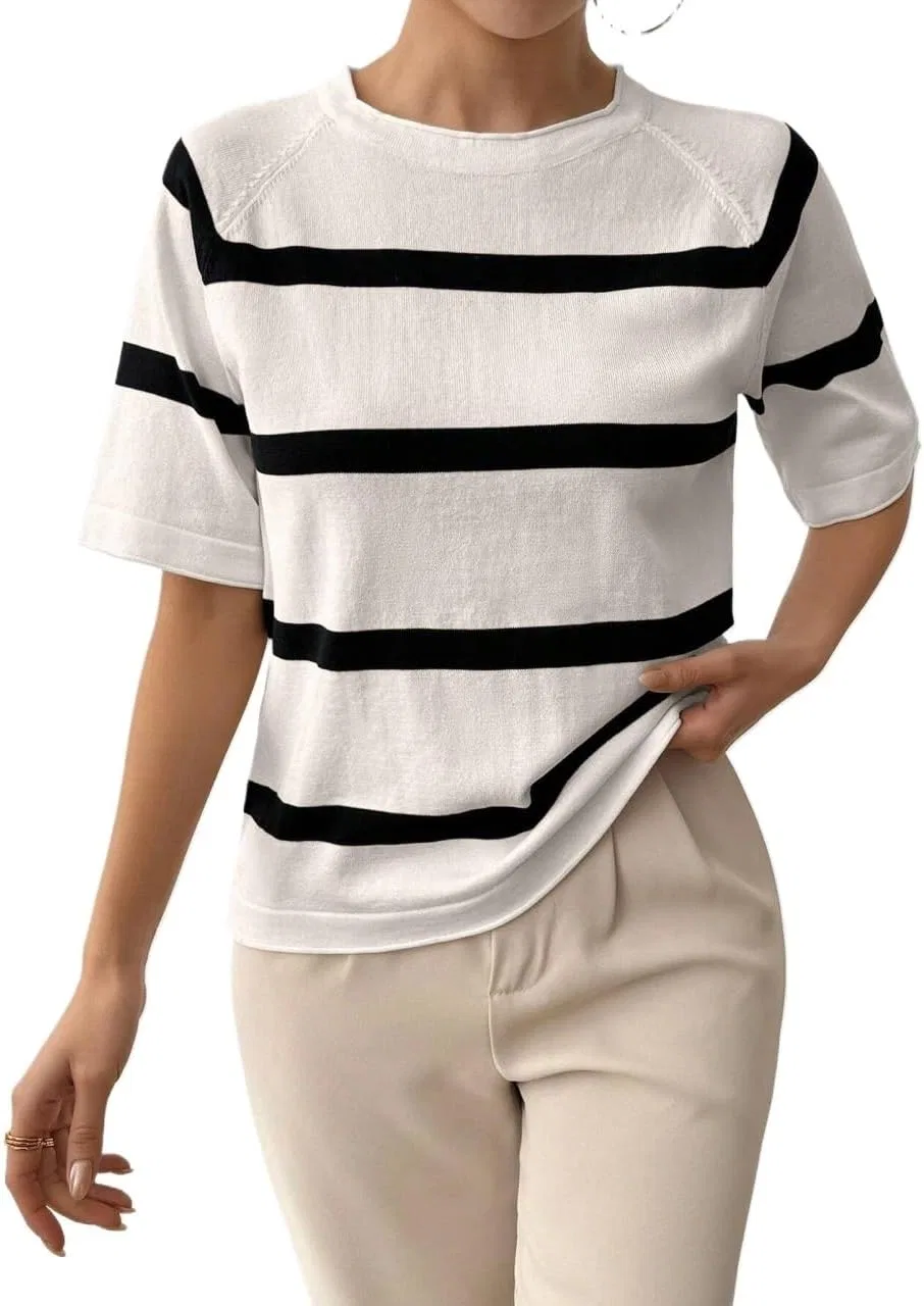 Женский свитер-пуловер с принтом, Casual Colorblock Striped Short Sleeve Knit Pullover Sweaters for Women, белый