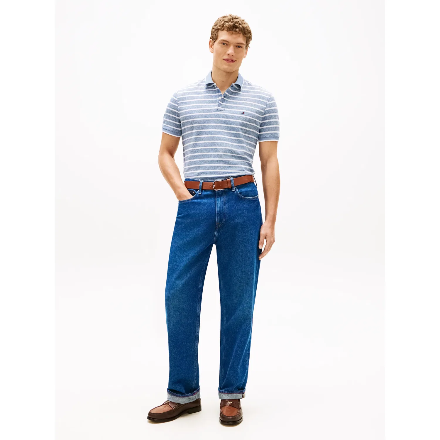 Мужское поло Regular Fit из льна и хлопка Tommy Hilfiger, Blue Jean/White — фото 3