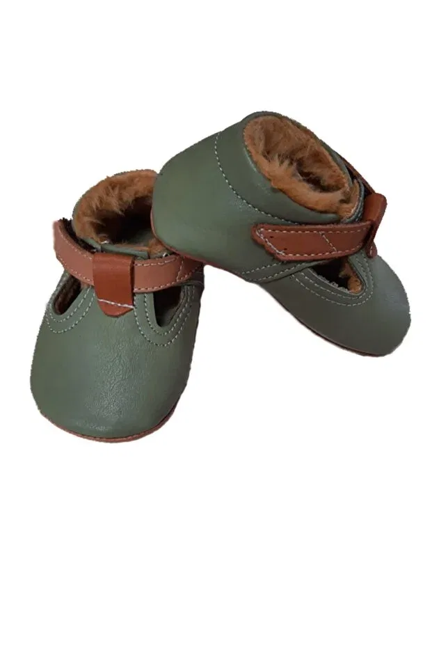 Детские ботиночки для новорожденных с меховым воротником First step furry baby booties Kapar, Khaki