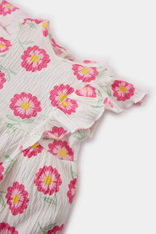 Детское платье для девочек с принтом Floral Short Sleeve Crinkle Viscose Summer Dress Defacto, Ecru-Er105 — фото 3