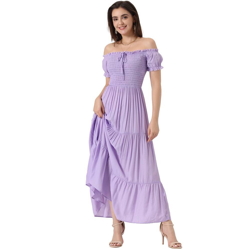 

Многоярусное платье со сборками для женщин, платья миди с открытыми плечами и пышными рукавами, оборками ALLEGRA K, фиолетовый