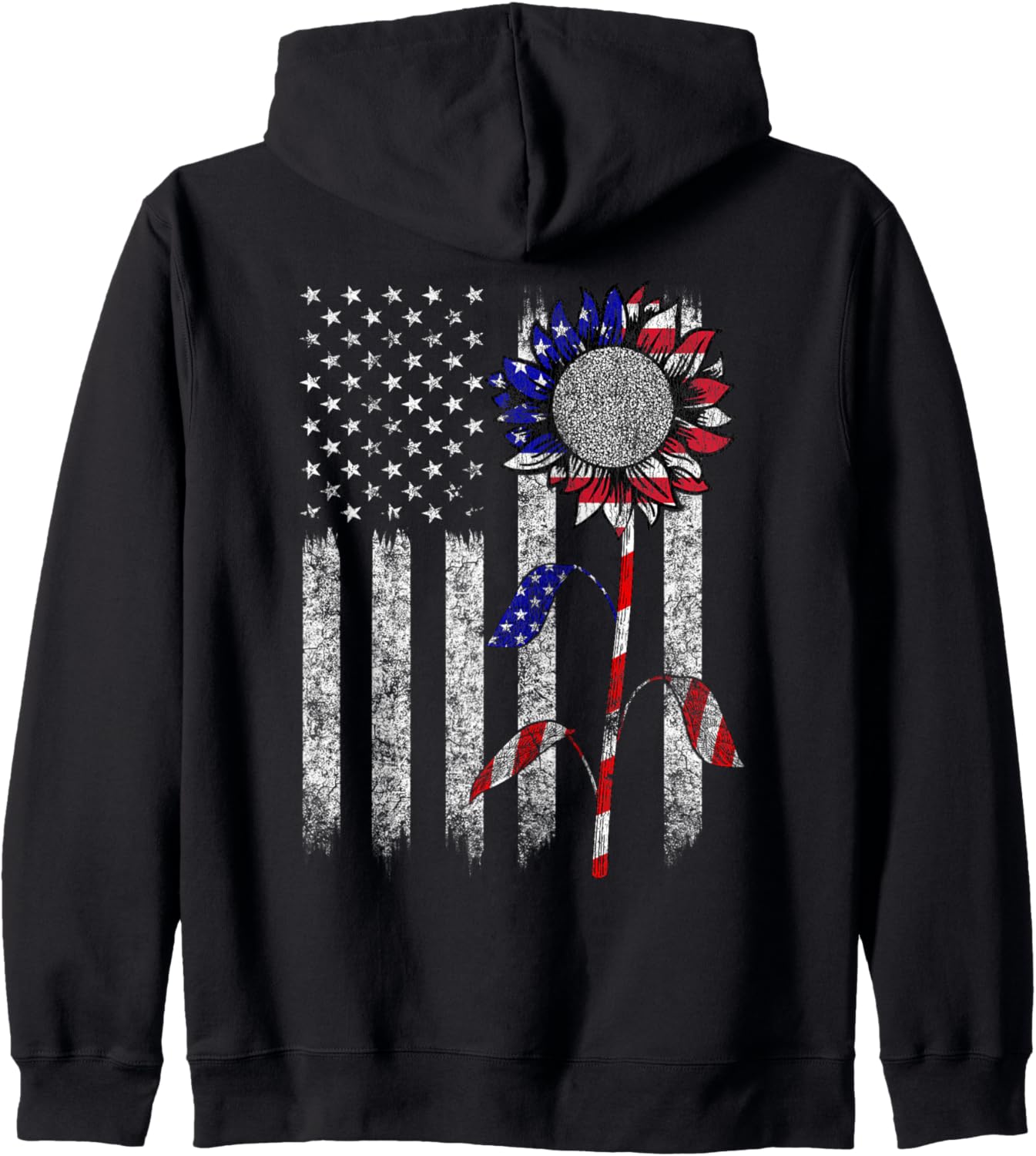 

Патриотическая толстовка на молнии в винтажном стиле ко Дню независимости США с американским флагом и подсолнухами American Flag Sunflower Style, черный