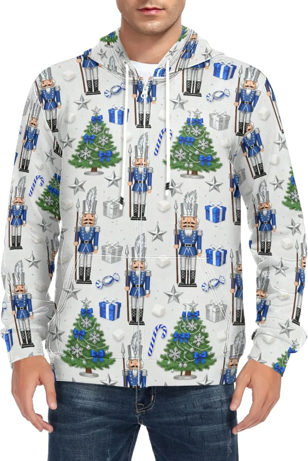 

Мужской худи с полной молнией Nutcracker Soldier Star Candy с длинными рукавами и карманом CUPADA