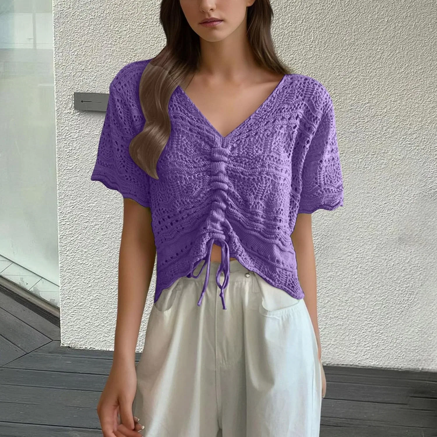 Женская пляжная накидка с кружевом V-образным вырезом, Purple — фото 2