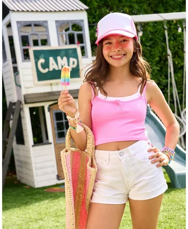 Детский топ для девочек с принтом Double Layer Crop Ribbed Cami w/ Snaps - Big Kid Malibu Sugar, Malibu Pink — фото 3
