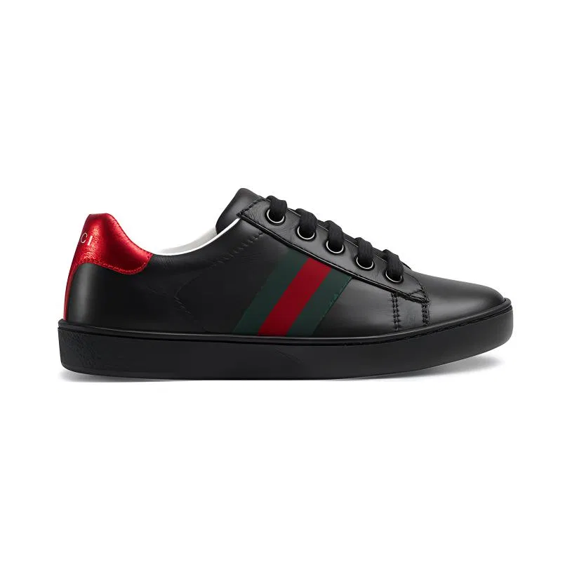 Детские кеды Gucci Ace Leather Kids 'Black' из кожи, черные с красными вставками — фото 3