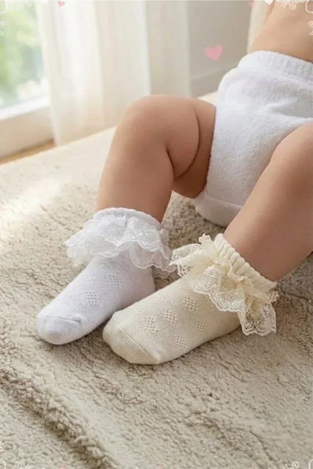 Детские носки для девочек с кружевом Esinti, White/Yellow