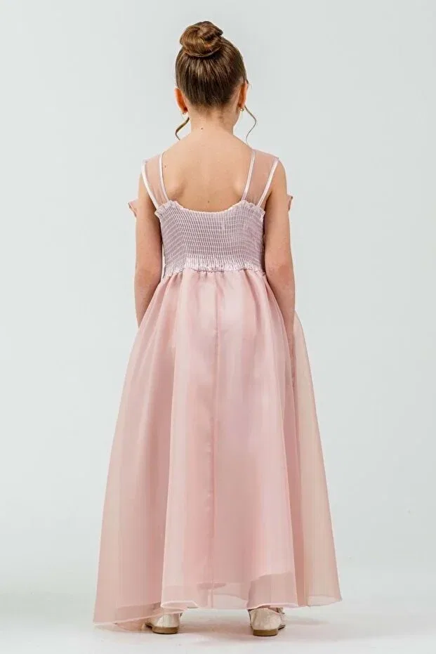 Детское платье для девочек с принтом Girl'S organza tulle flower and bow detailed gipe back princess evening dress m00800 pudra Mnk Baby&Kids, Powder — фото 4