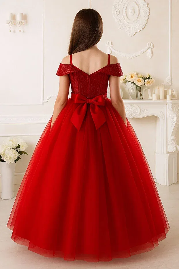Детское платье для девочек с пайетками Elegant sequined off the shoulder tulle dress princess gown Tomac, Red — фото 2
