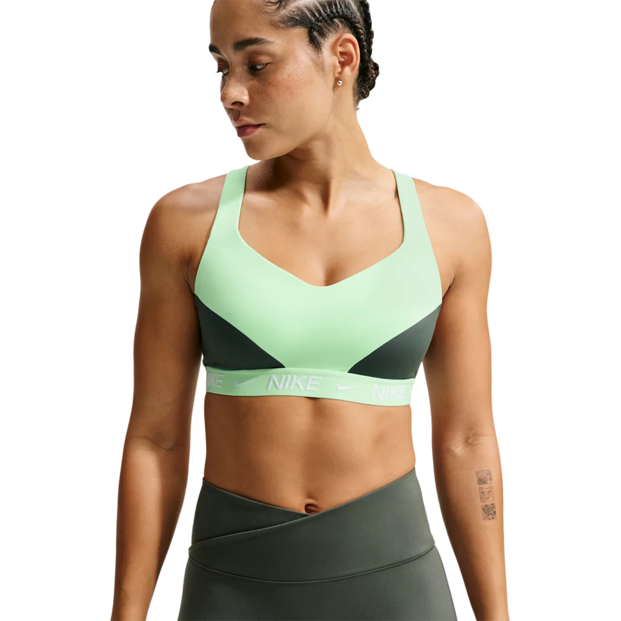 Женский спортивный бюстгальтер Indy High DF Nike, цвет Camo Green/Cucumber Calm