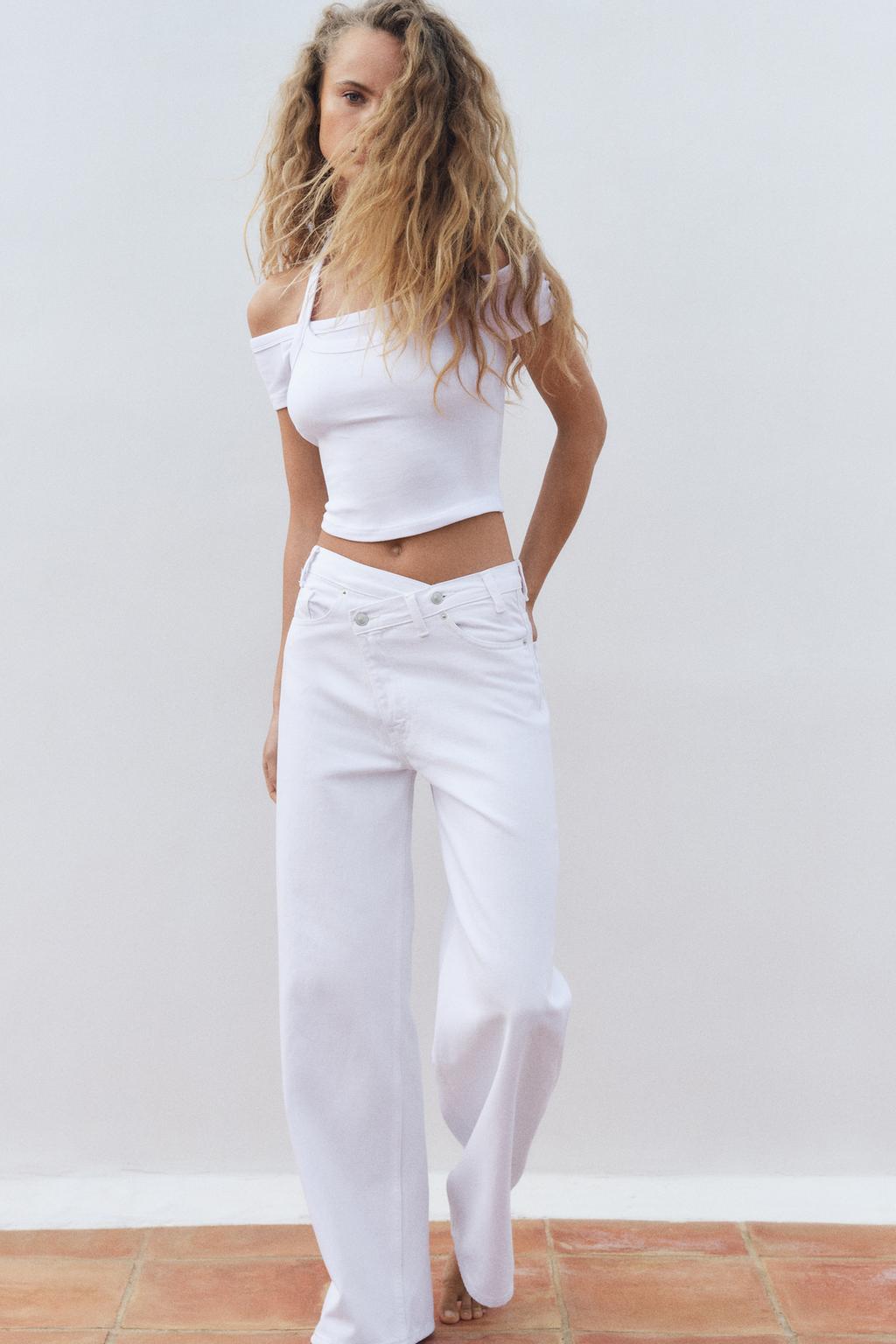 

Джинсы trf с высокой талией и широкой перекрещивающейся талией ZARA, белый