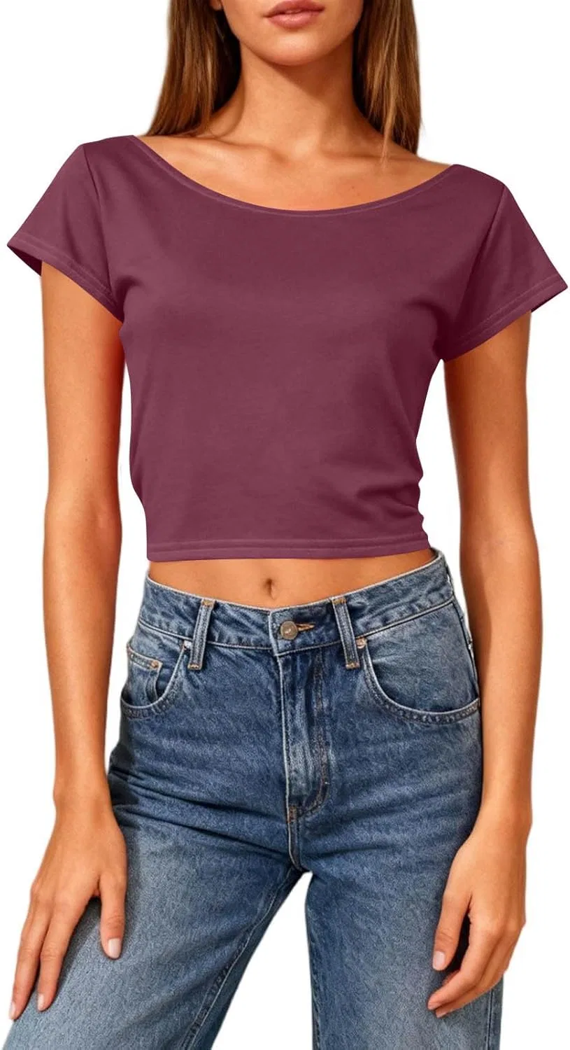 Женская свободная футболка с открытой спиной Crop Top, Wine — фото 4