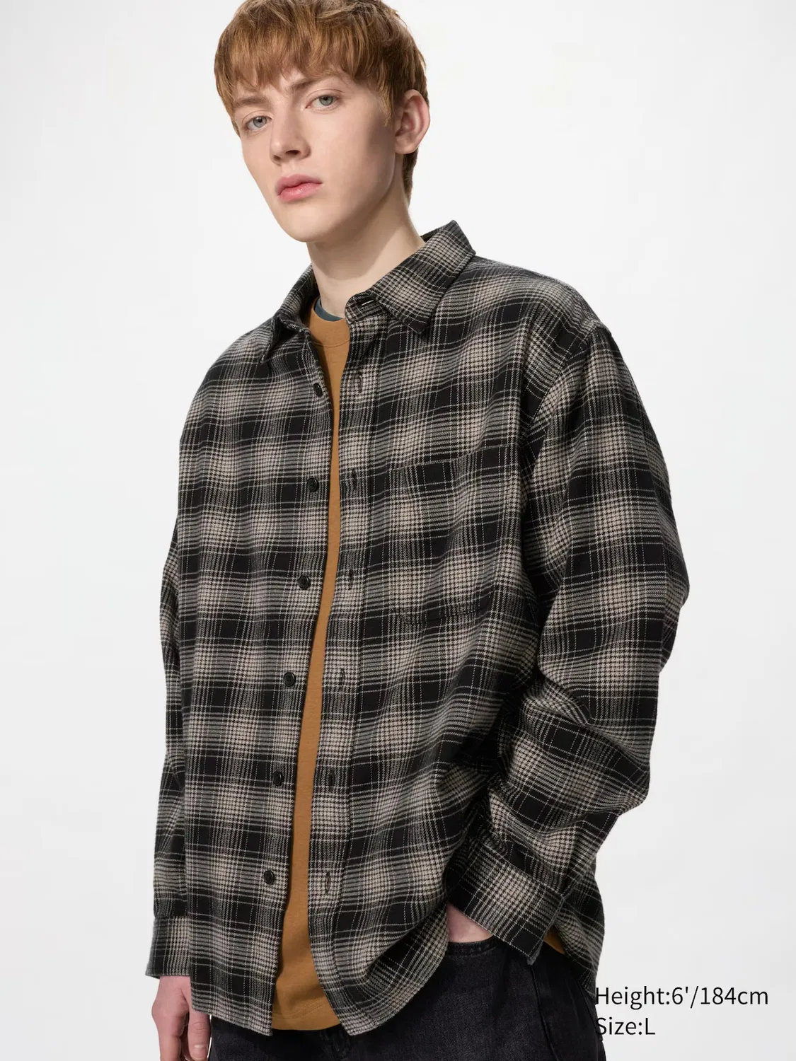 Рубашка Uniqlo, фланелевая, клетчатый омбре, черный