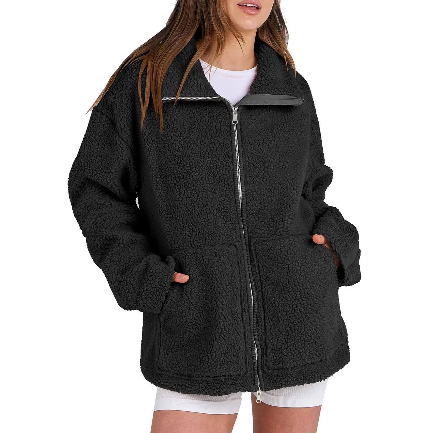 Женское пальто с длинным рукавом Oversized Fuzzy Fleece Jackets, Nero