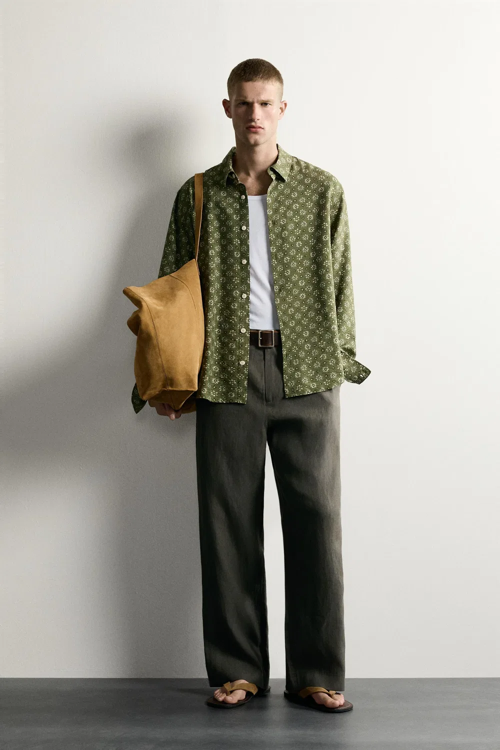 Свободная рубашка с цветочным принтом ZARA, Mid-green