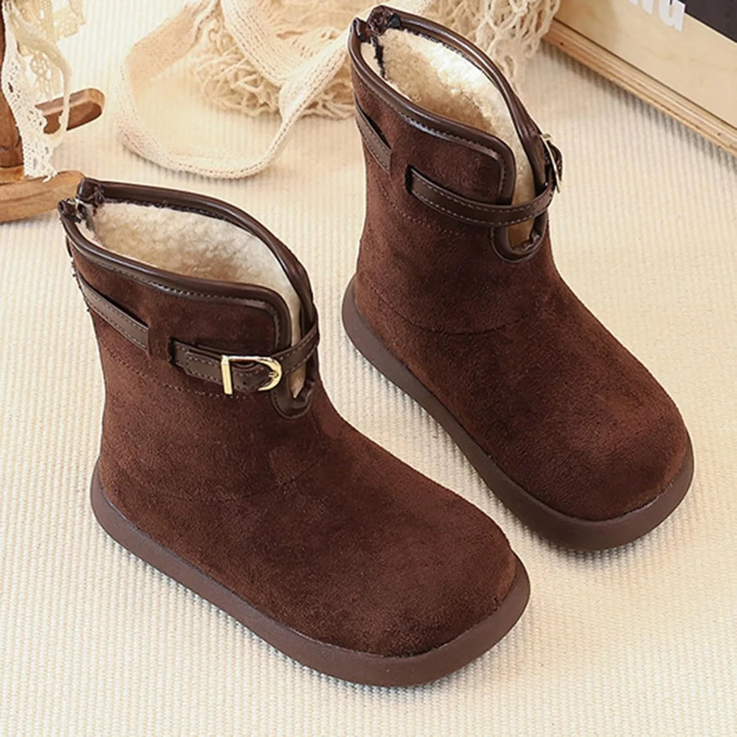Детские зимние ботинки для девочек из замши с мехом SHOPESSA, Brown — фото 3