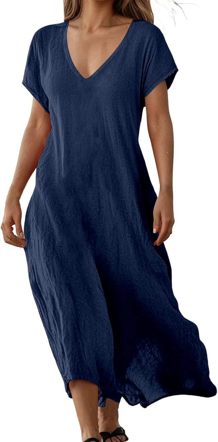 Женское летнее платье свободного кроя с V-образным вырезом, 100% Polyester, Blue