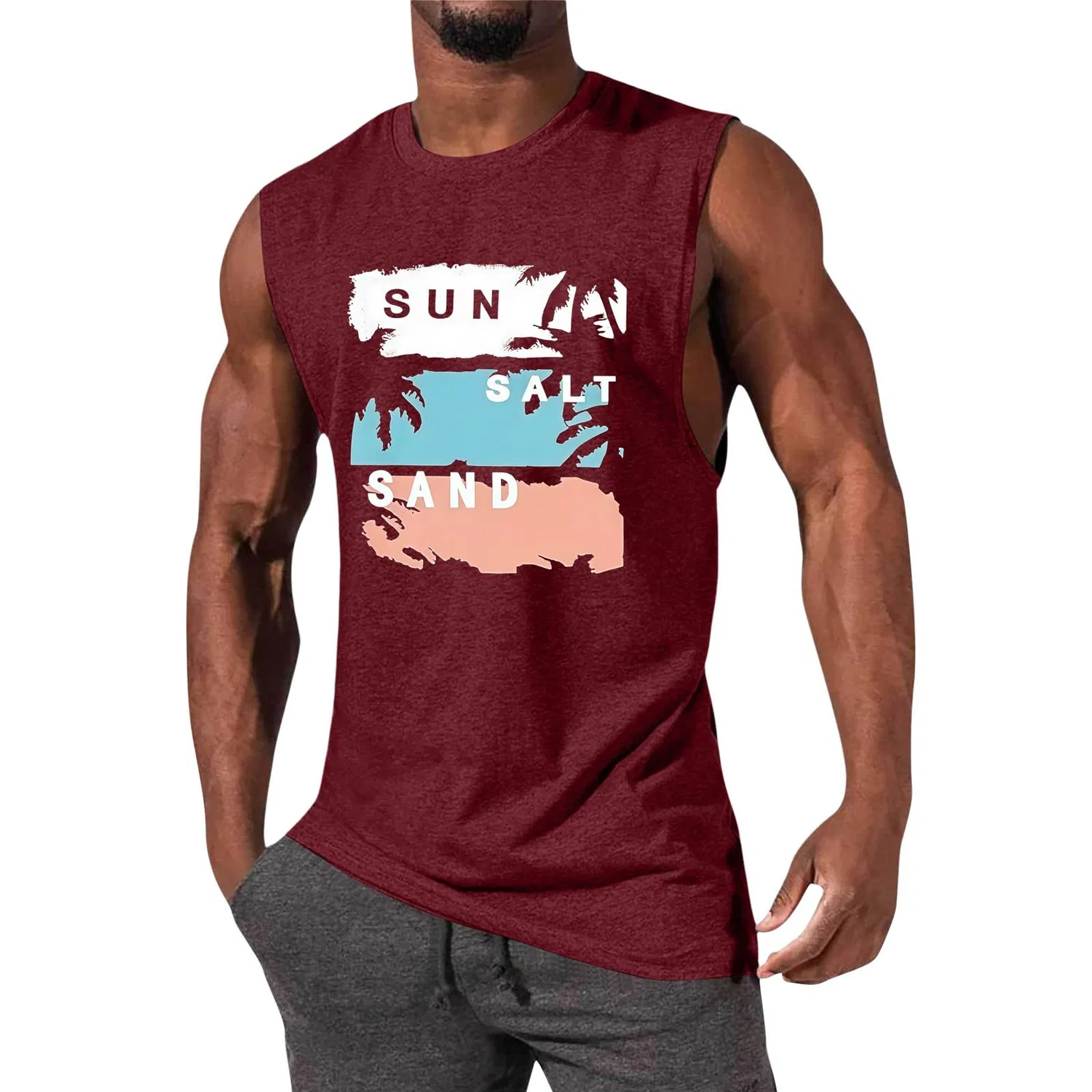 Мужская майка без рукавов с принтом Vintage Block Salt Sun Sand Palms, Vino