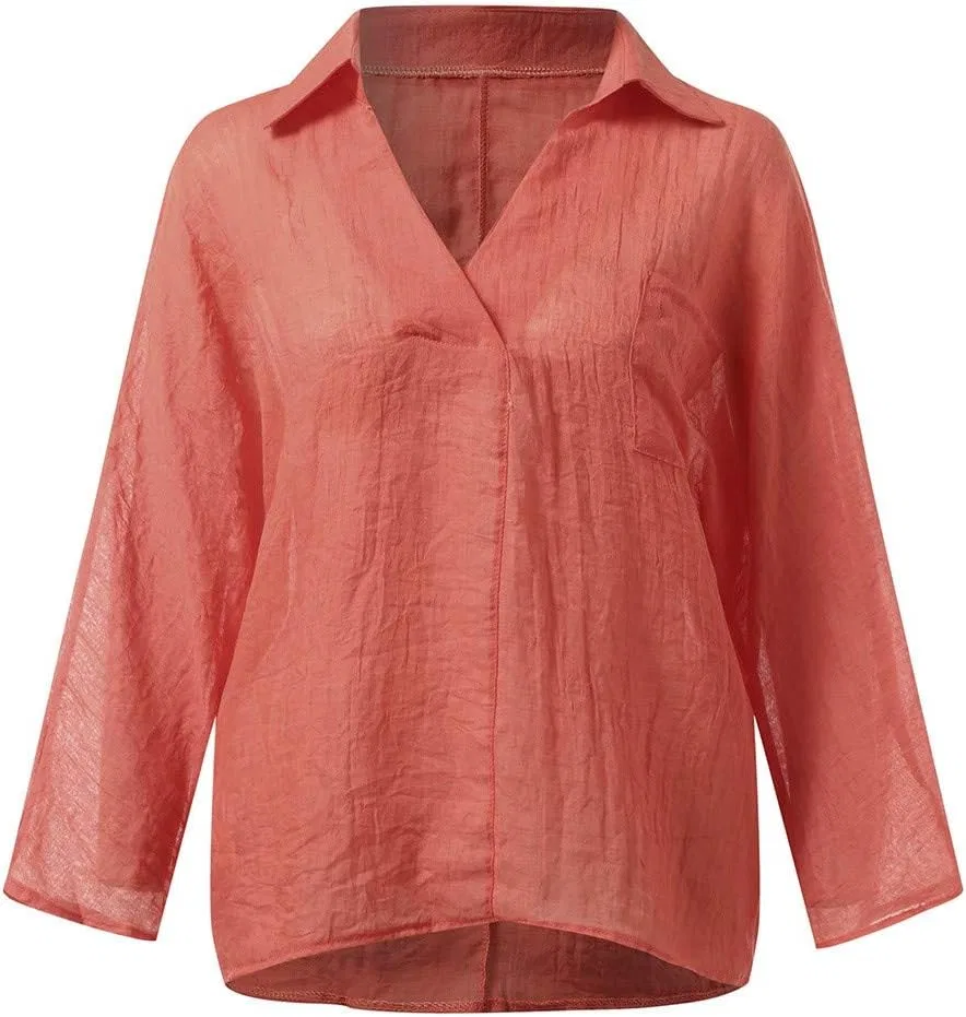 Женская свободная льняная рубашка с V-вырезом Oversized, Orange — фото 3