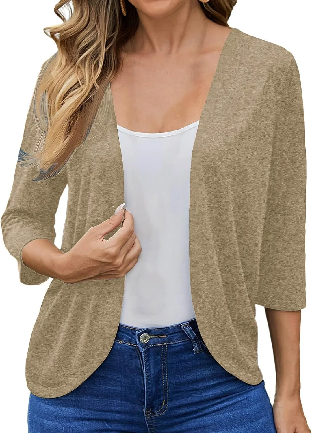Женский кардиган с рукавом 3/4, легкий открытый, Beige