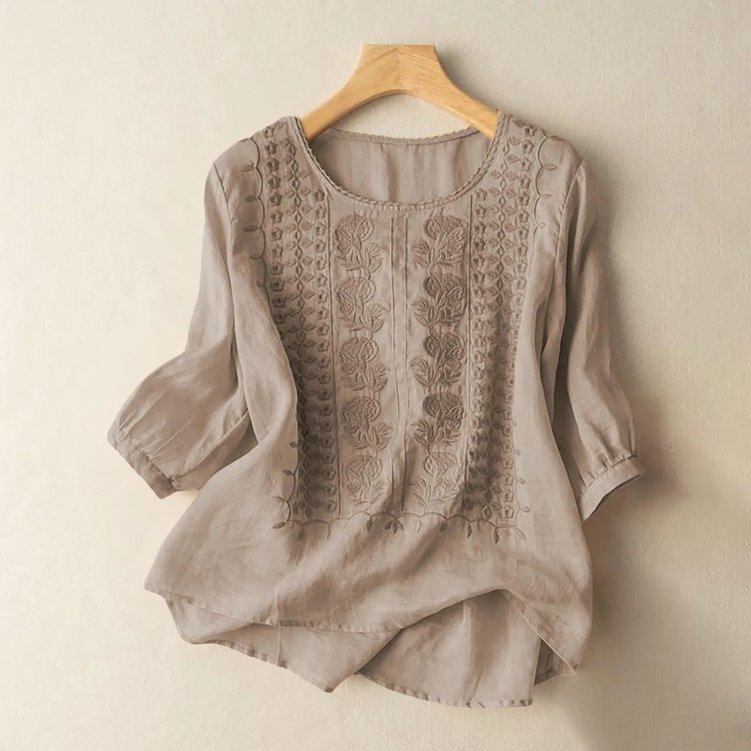 Женская блуза с цветочной вышивкой Cotton Linen Tops, Z12-brown Linen Shirts for Women — фото 3