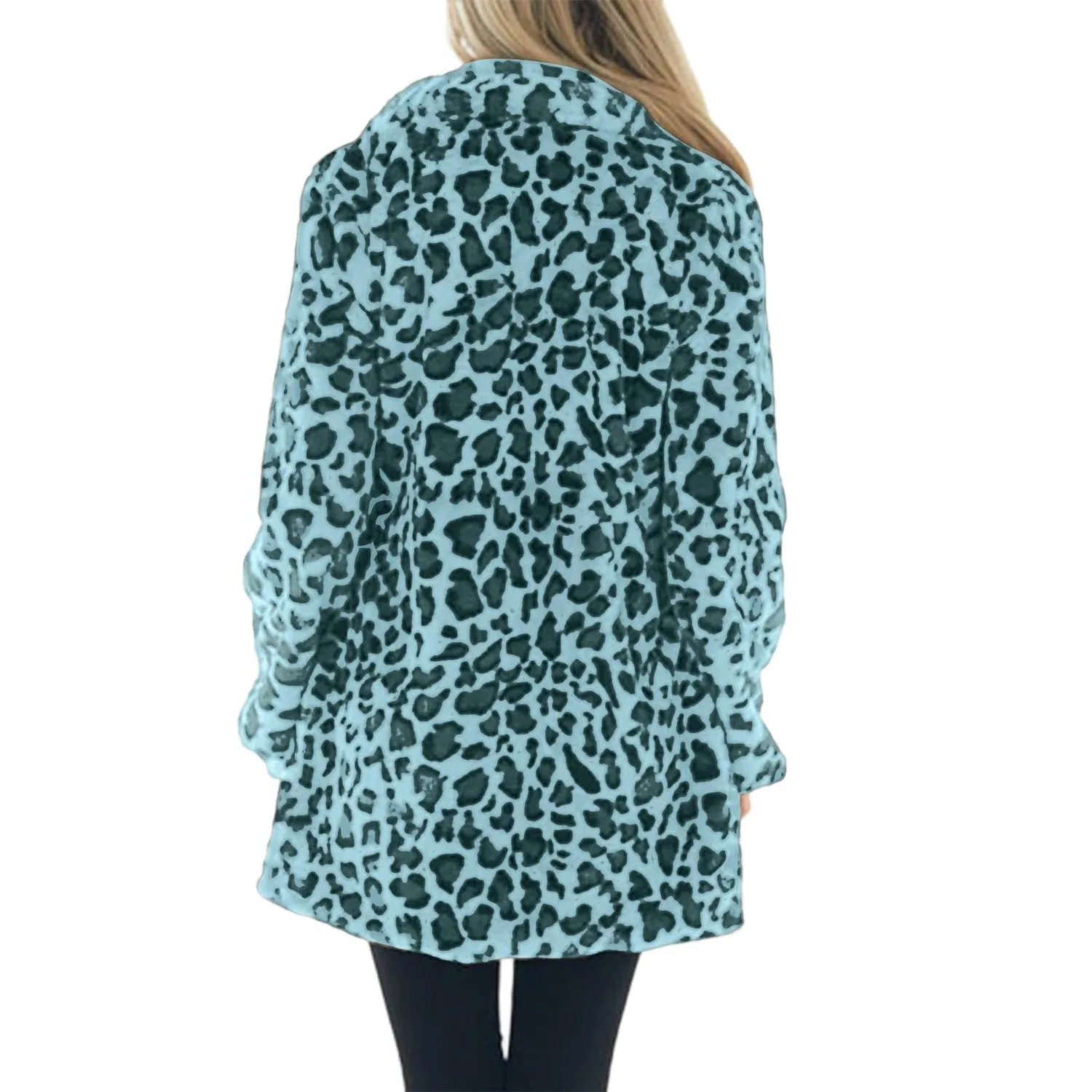 Женское пальто с принтом леопарда Women Fleece Jacket Open Front Stand Collar Leopard Print Fluffy Thick Warm Winter Coat, Verde Menta — фото 4