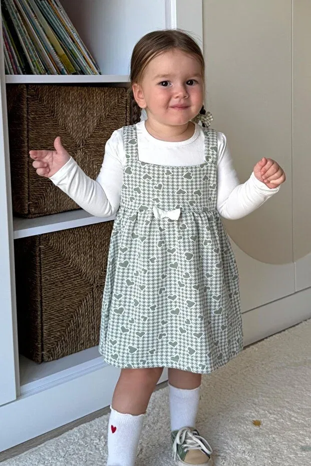 Детское платье для девочек с длинным рукавом Heart & Houndstooth Print Breeze, Mint Green