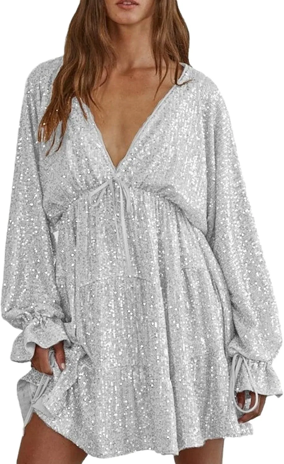 Женское платье мини с блестками, с длинным рукавом, с поясом, Sequin Long Sleeve Mini Shirt Dress, Deep V Neck, Sparkly Glitter Birthday Party Mini Gowns