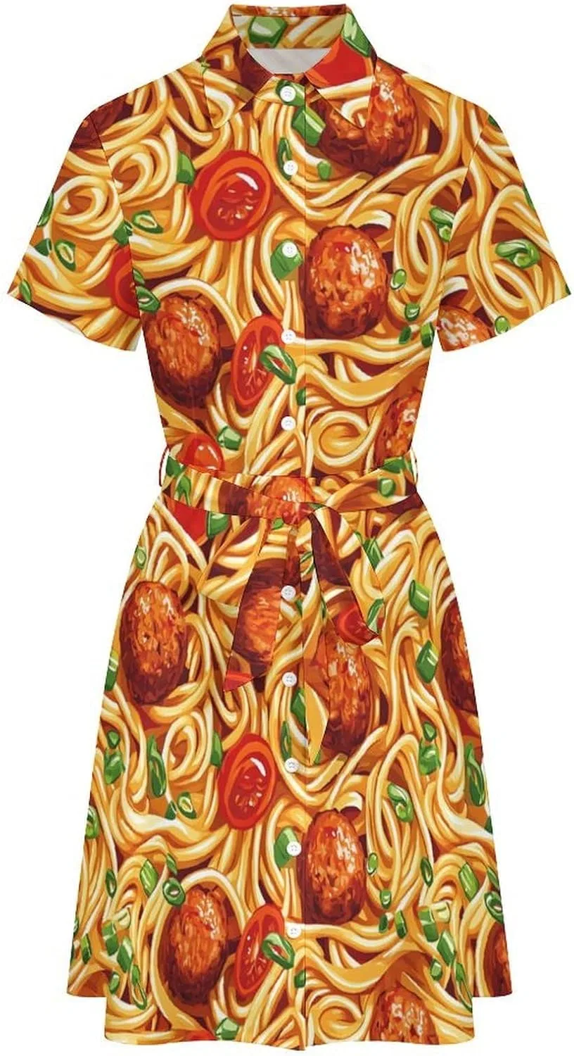 Женское платье-рубашка с принтом, Italian Spaghetti Food Print, чёрный — фото 3