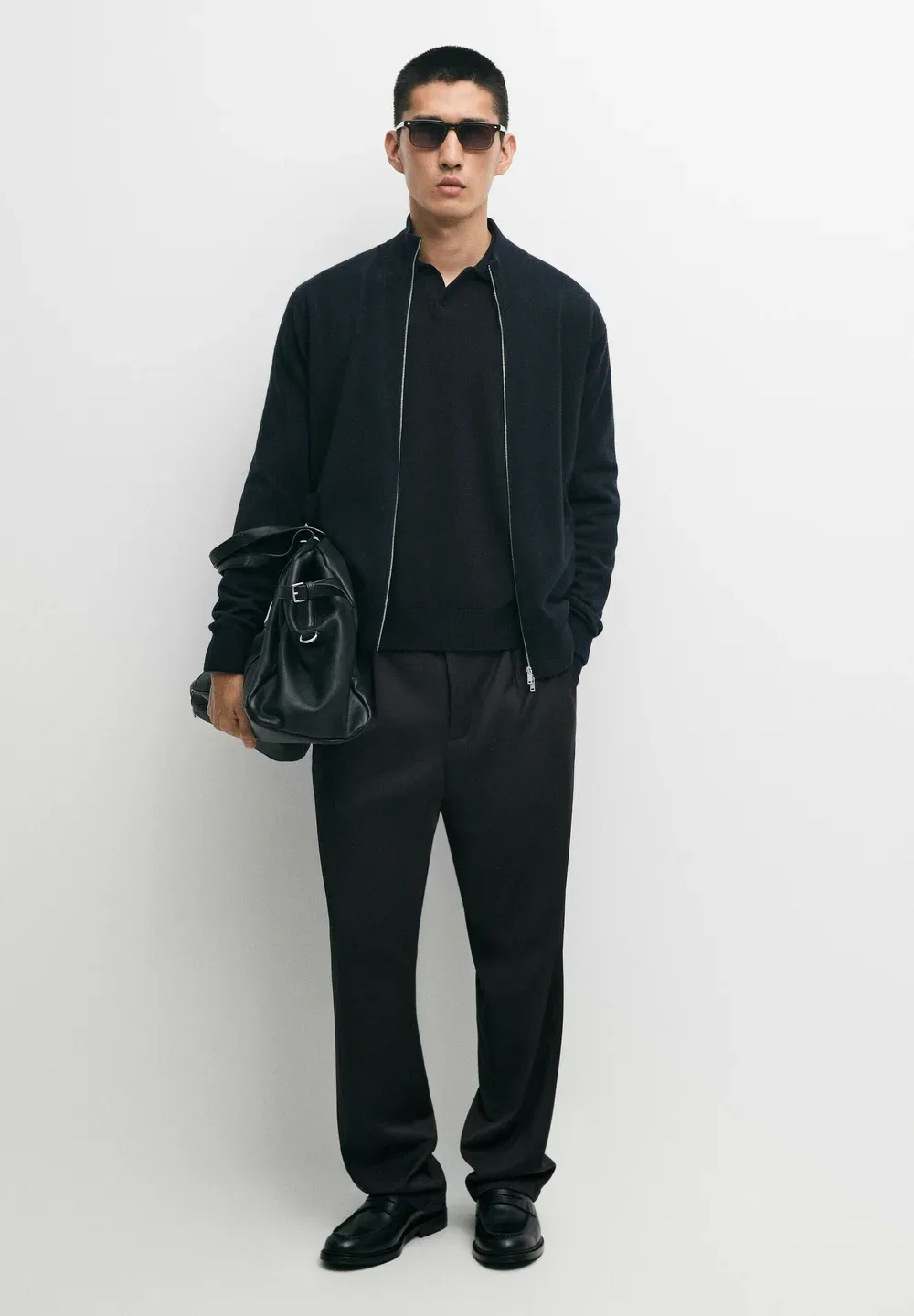 Вязаный кардиган на молнии из 100% кашемира - кардиган Massimo Dutti, Mottled Dark Blue — фото 2