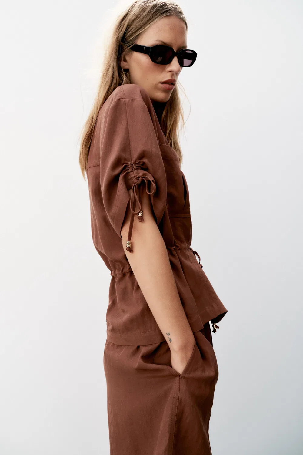 Куртка-сафари с короткими рукавами и бисером ZARA, Dark Russet — фото 3