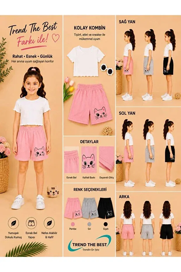 Детские шорты для девочек с принтом Summer Winking Ears Heart Cat Trend The Best Trendin En Iyisi, Multicolor — фото 3