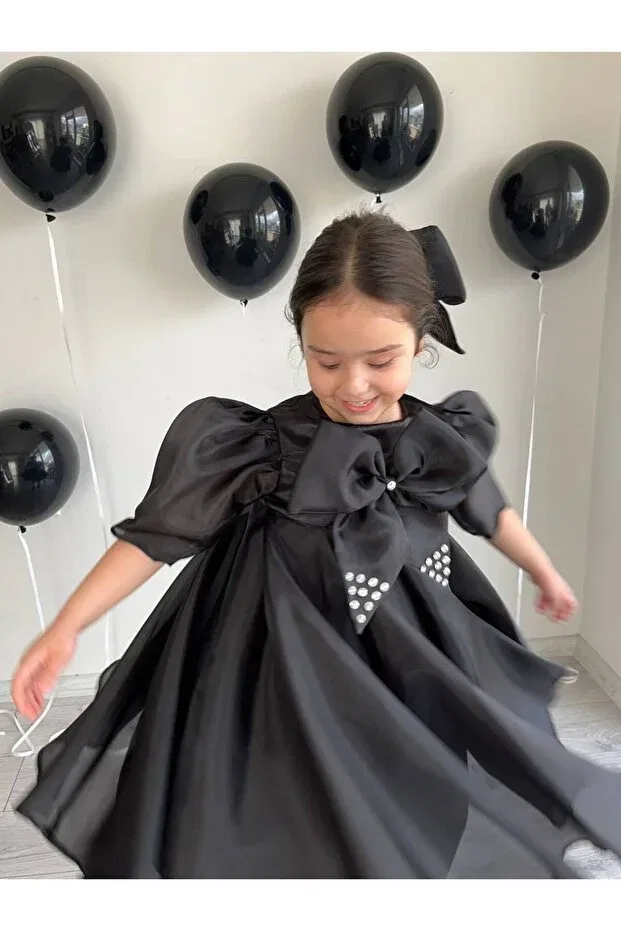 Детское платье для девочек с длинным рукавом Black full flared flight flight karolin evening dress girl's dress Sare Çocuk Giyim, Black