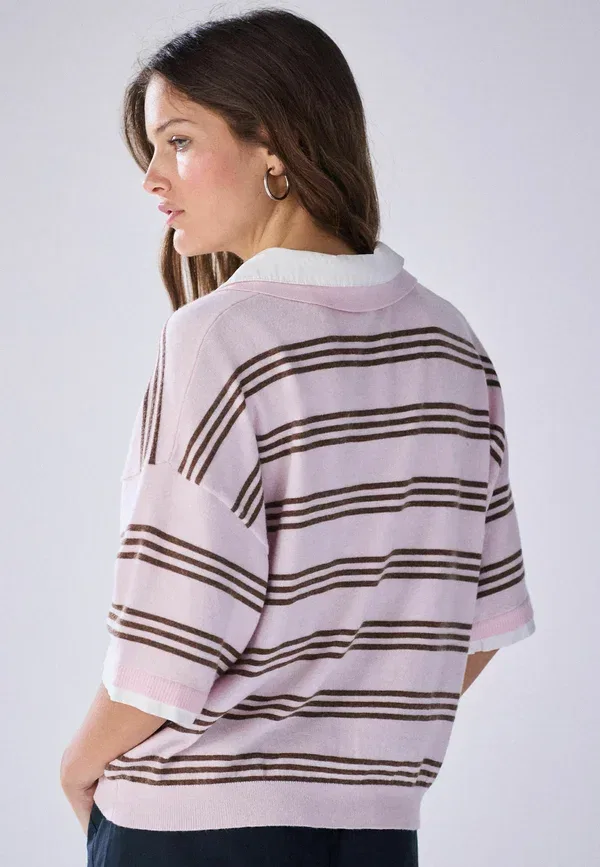 Топ-поло с коротким рукавом, удлиненный крой, полоска, Tall fit, Next, Pink Chocolate Brown Stripe, розовый/коричневый/шоколадный — фото 2