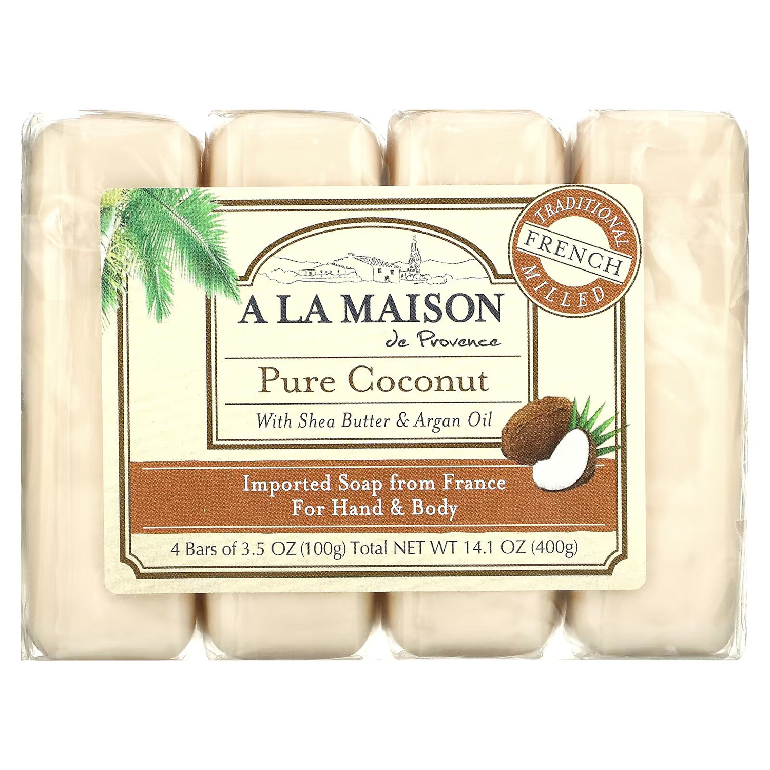 

A La Maison de Provence, Мыло для рук & тела, Чистый кокос, 4 бруска по 3.5 унции