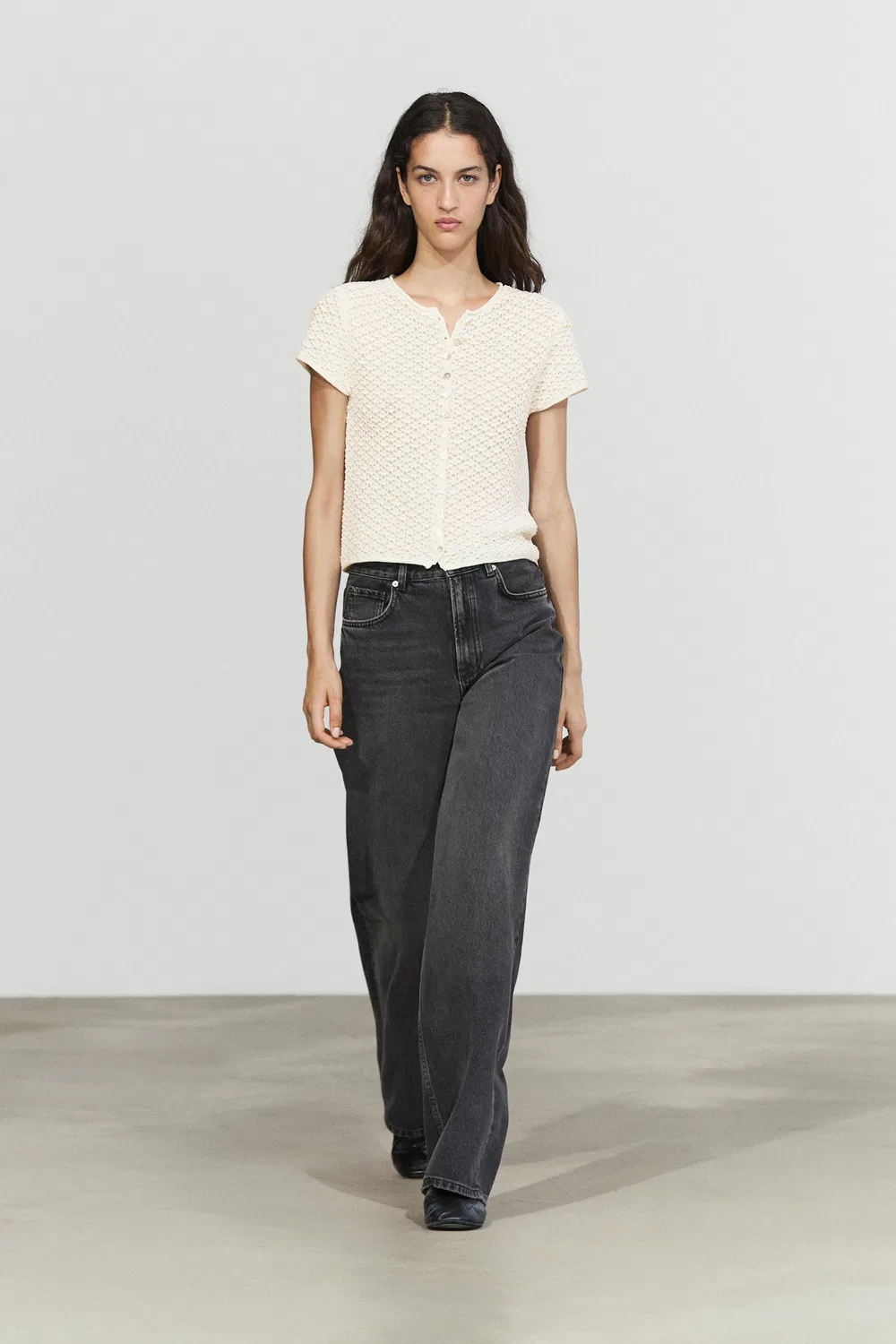 Кардиган Massimo Dutti Crochet Knit, кремовый — фото 3