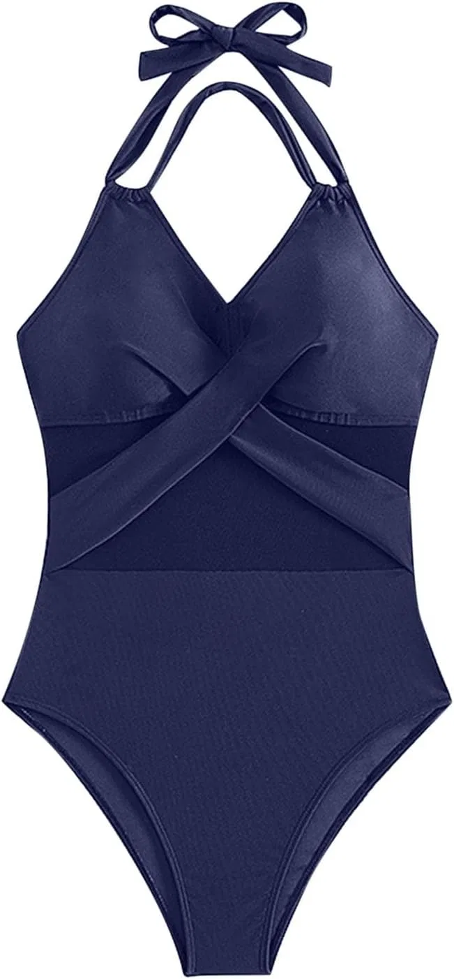 Женский цельный купальник с сеткой и перекрестными бретелями Generic, Navy — фото 4