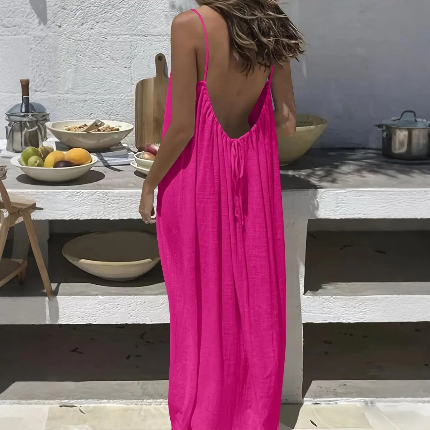 Женское летнее сарафан-макси на тонких бретелях, Hot Pink — фото 2