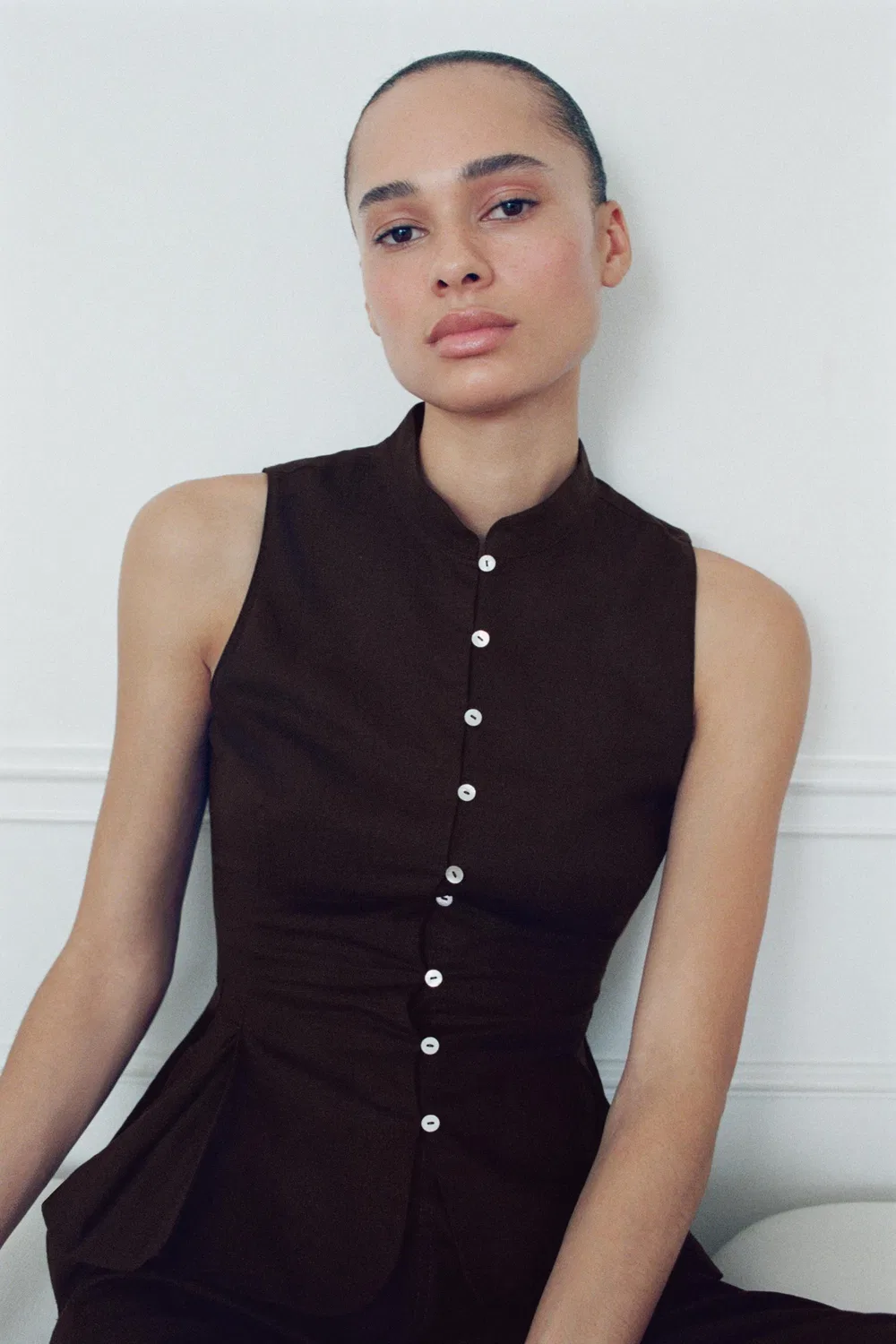 Рубашка без рукавов из смеси льна ZARA, Brown