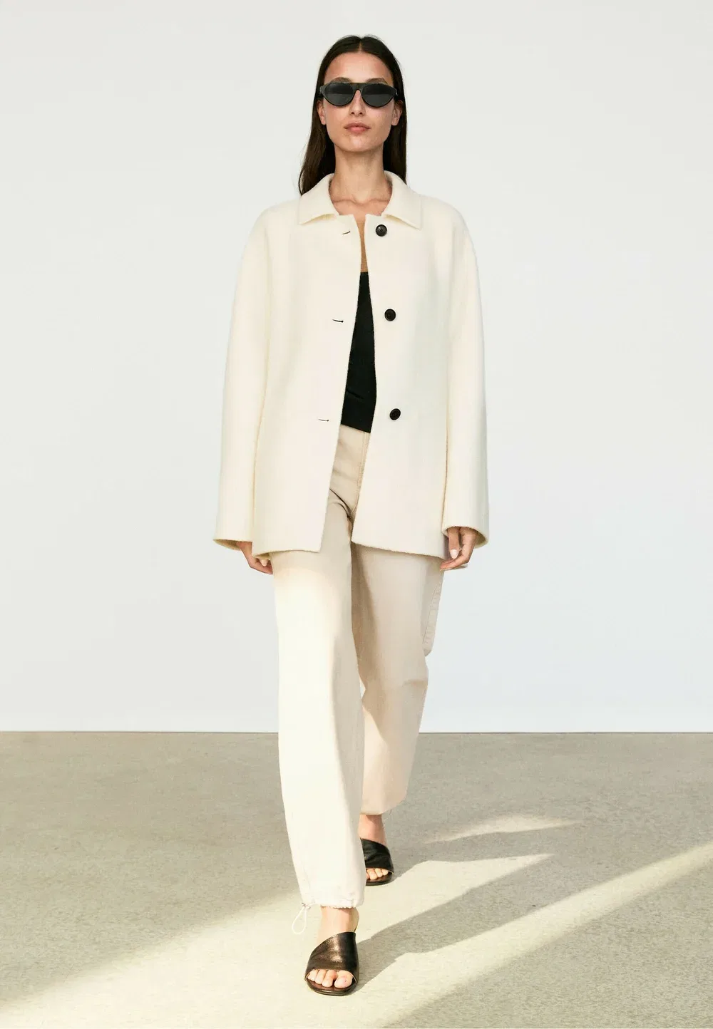 Однобортное пальто средней длины из шерстяной смеси - классическое пальто Massimo Dutti, White — фото 2